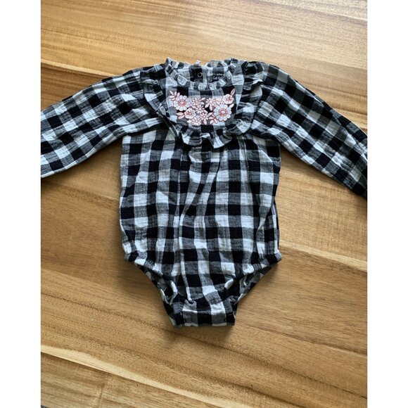 Cat & Jack Baby Girls Black Plaid Bodysuit With Floral Embroidery - Picture 2 of 11